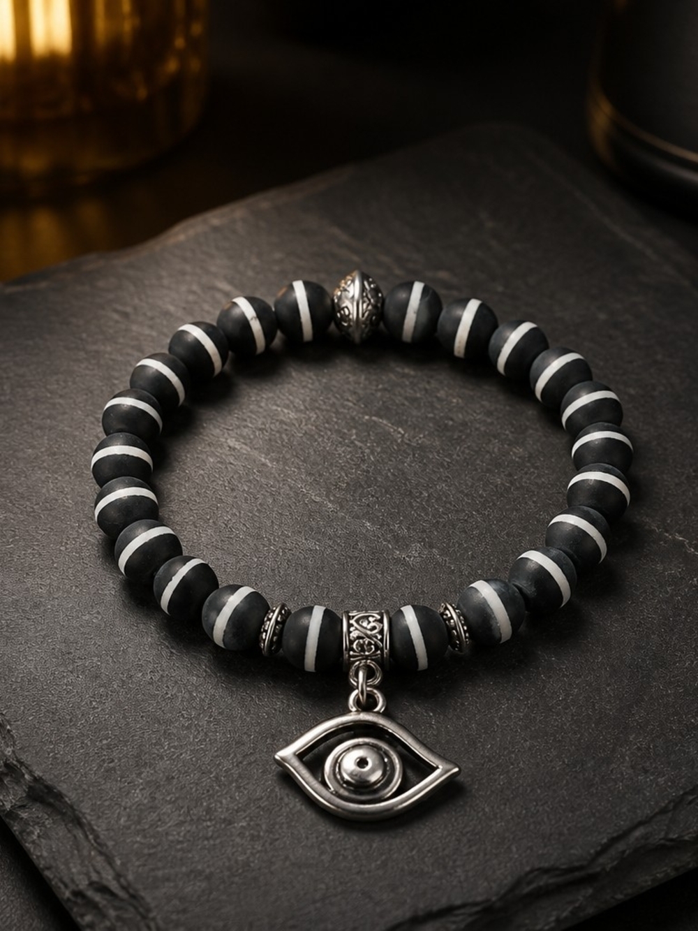 Black and White Tibeton Agate Striped Beaded Bracelet with Eye Charm